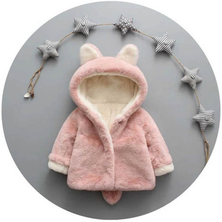 Front view of the pink plush hooded jacket with cream lining and animal ears