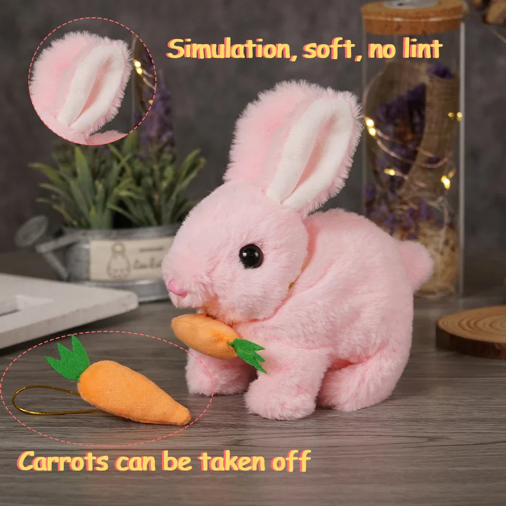 Pink plush rabbit with upright ears and a removable carrot accessory
