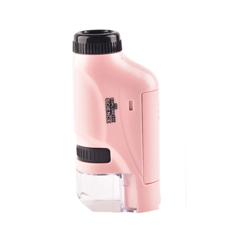 Pink pocket microscope with a black eyepiece, adjustment wheel, and clear base.