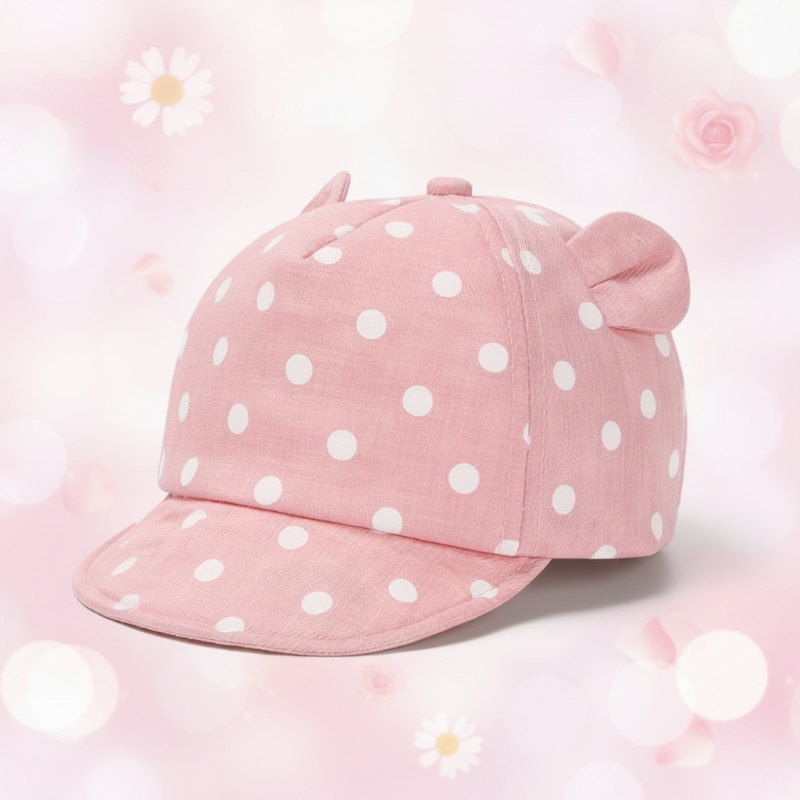 Pink cap with white polka dots, padded ears, and a curved brim.