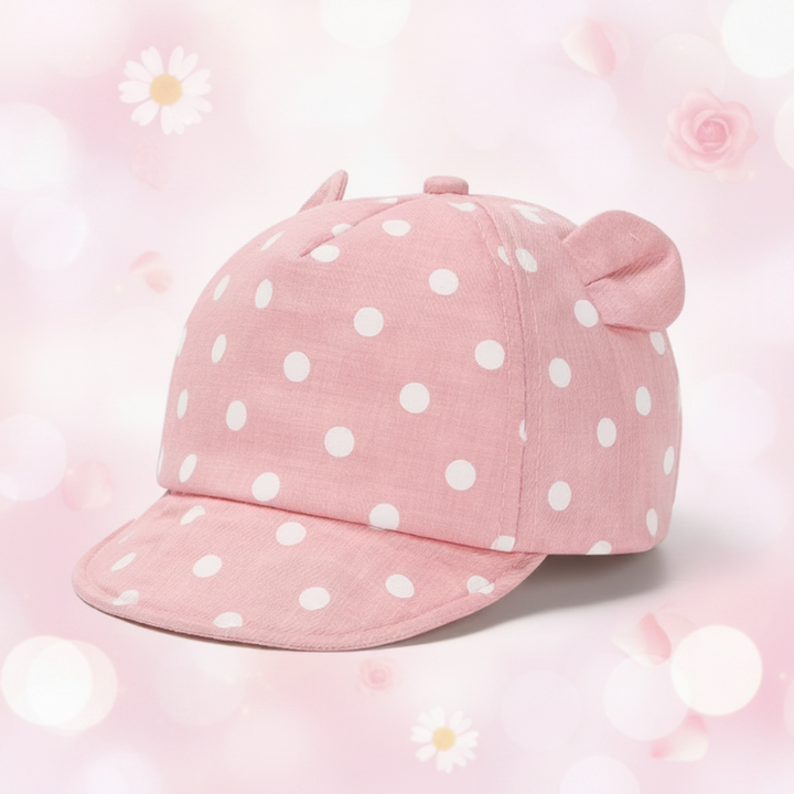 Pink cap with white polka dots, padded ears, and a curved brim.