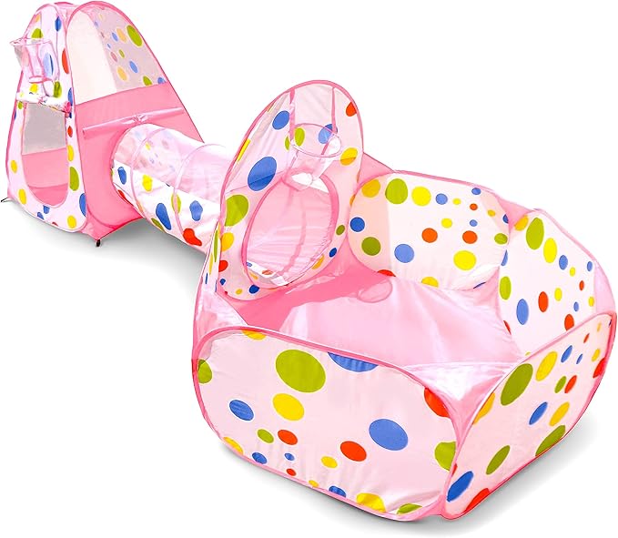 Pink polka-dot play tent with a crawl tunnel and empty matching ball pit