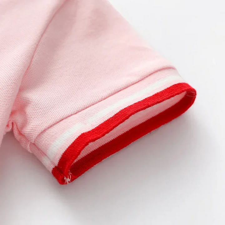 Short pink sleeve with ribbed red-and-white striped trim.