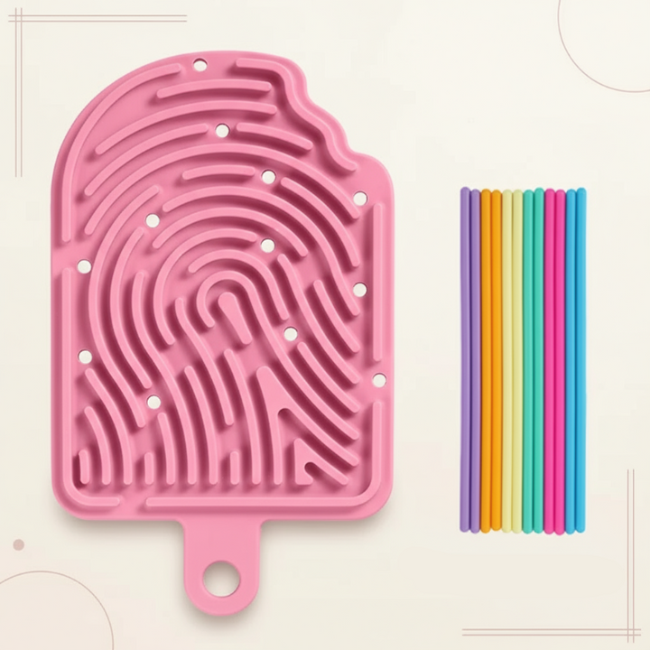 Pink popsicle-shaped silicone maze board with curved grooves and a set of colorful cords.