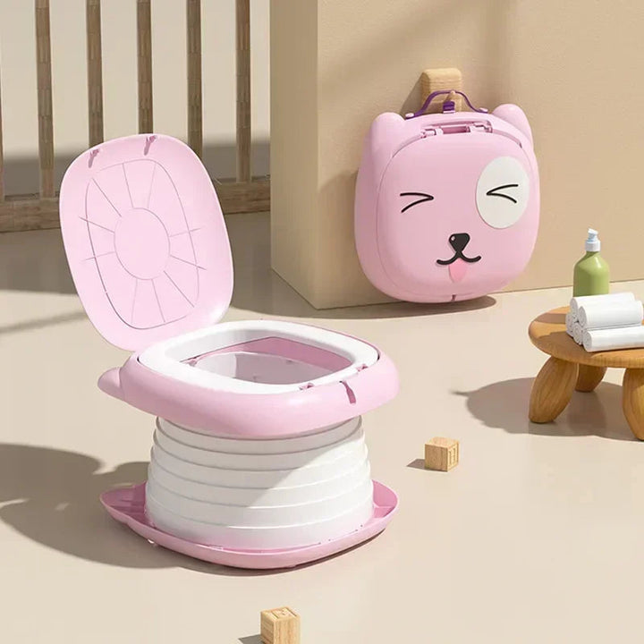 Pink portable potty shown with its lid open beside the folded version
