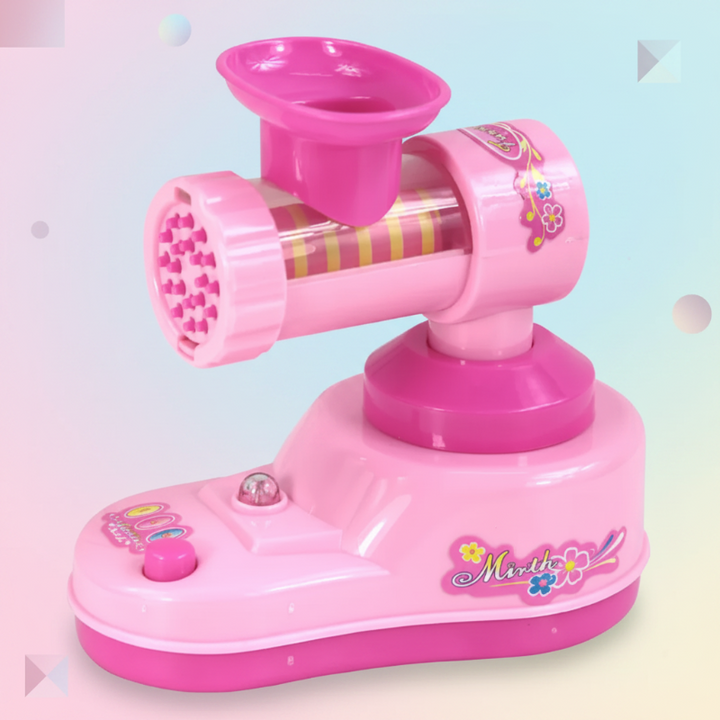 Pink pretend meat grinder with a top hopper and front grinding plate