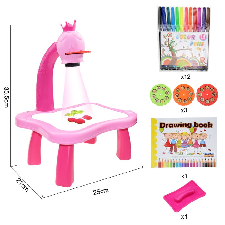 Pink princess drawing projector with measurements, three picture discs, coloring supplies and drawing book