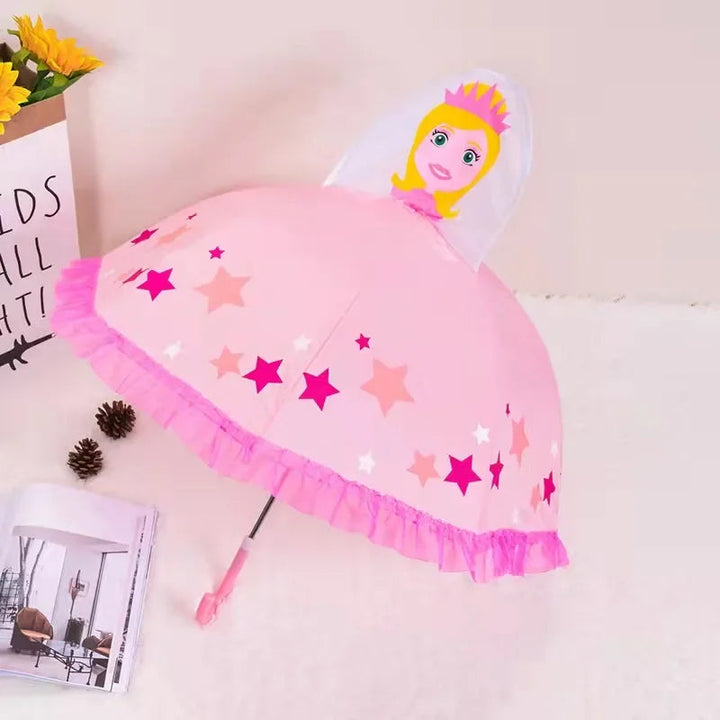 Pink princess umbrella with star patterns, ruffled trim, and a raised character detail