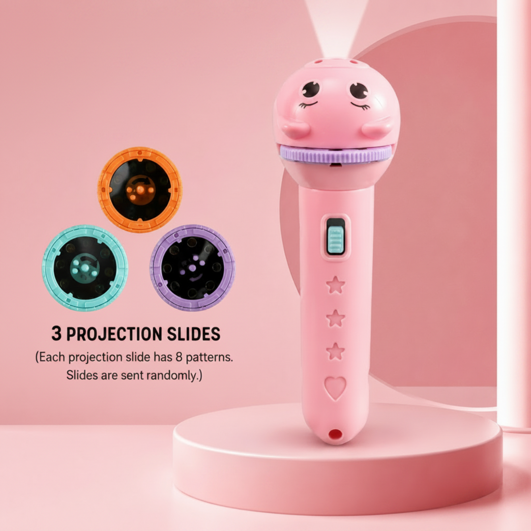 Pink animal-face projector flashlight displayed with three interchangeable picture discs.
