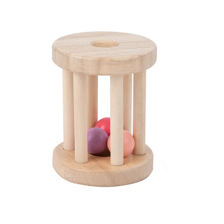 Short wooden cage rattle containing pink and purple balls