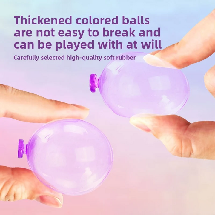 Hands squeezing purple and pink balloons