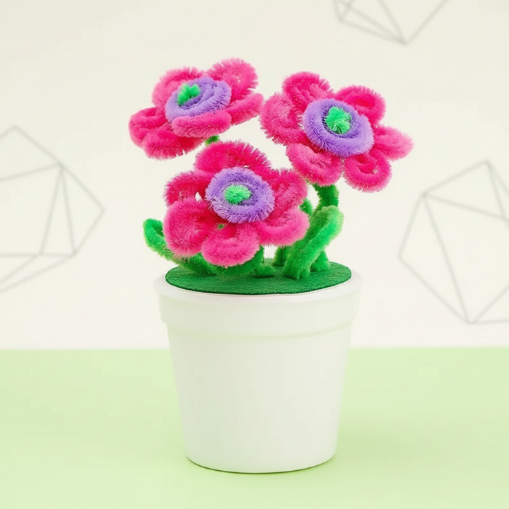 Pink fuzzy-wire flowers with purple centers and green stems in a white pot
