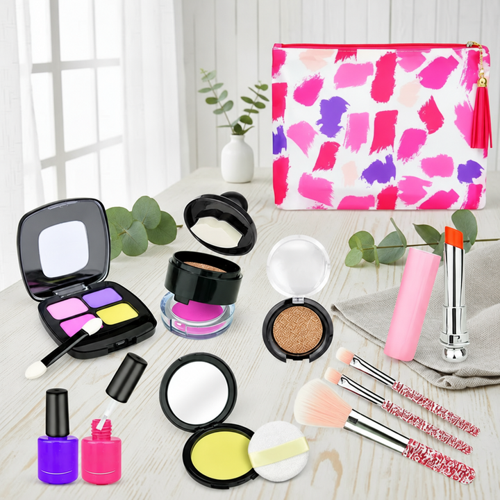 Toy compacts, brushes, and pretend nail polish bottles beside a pink and purple patterned pouch