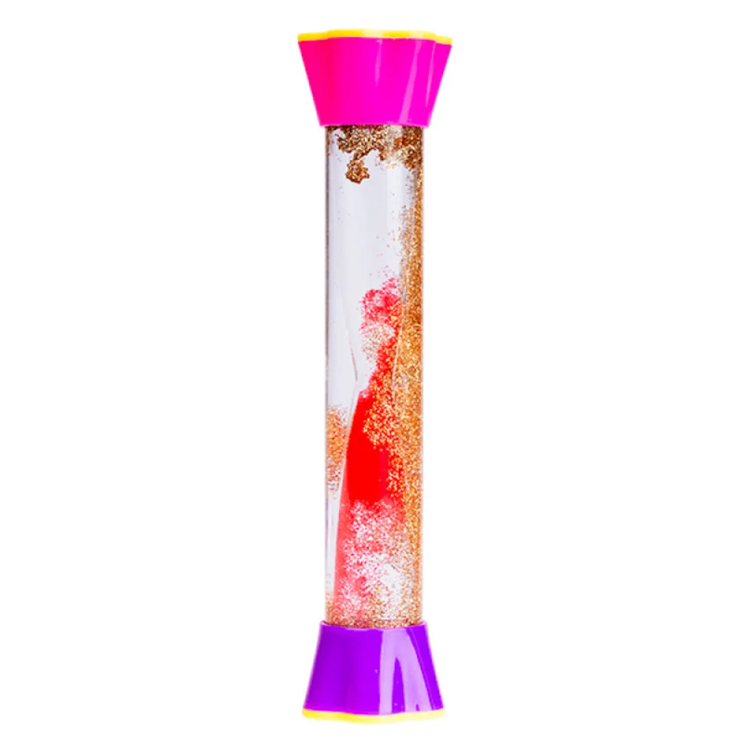 Red and gold glitter sensory tube with a pink top and purple base
