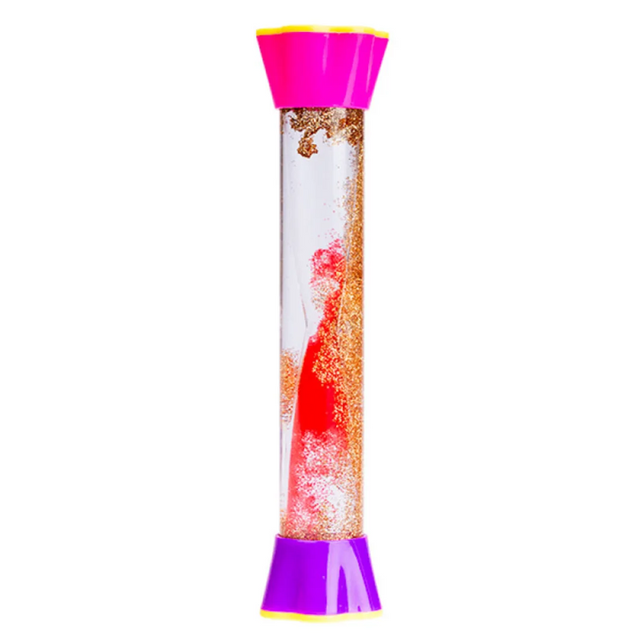 Red and gold glitter sensory tube with a pink top and purple base