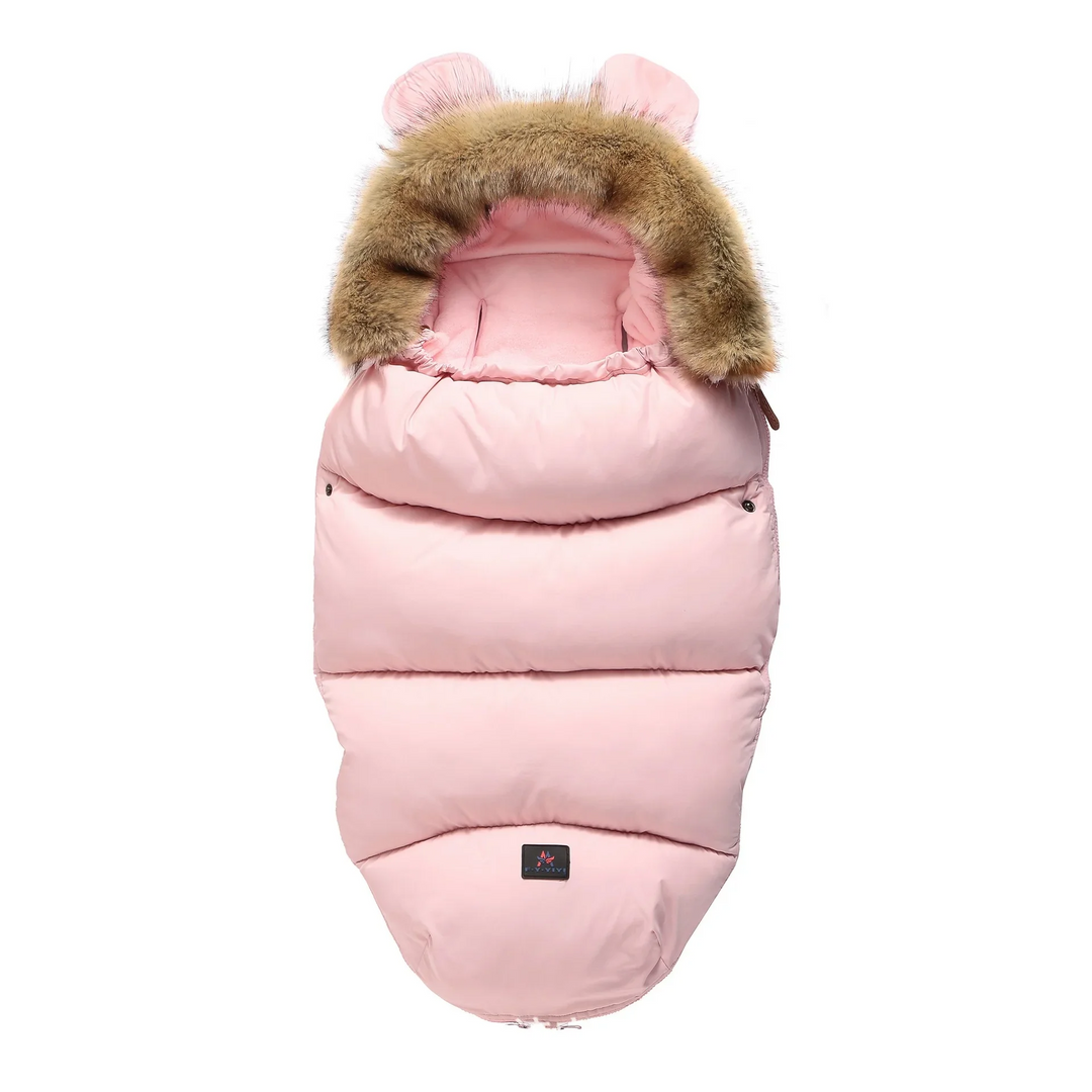 Pink quilted stroller footmuff with a faux fur collar and small matching ears