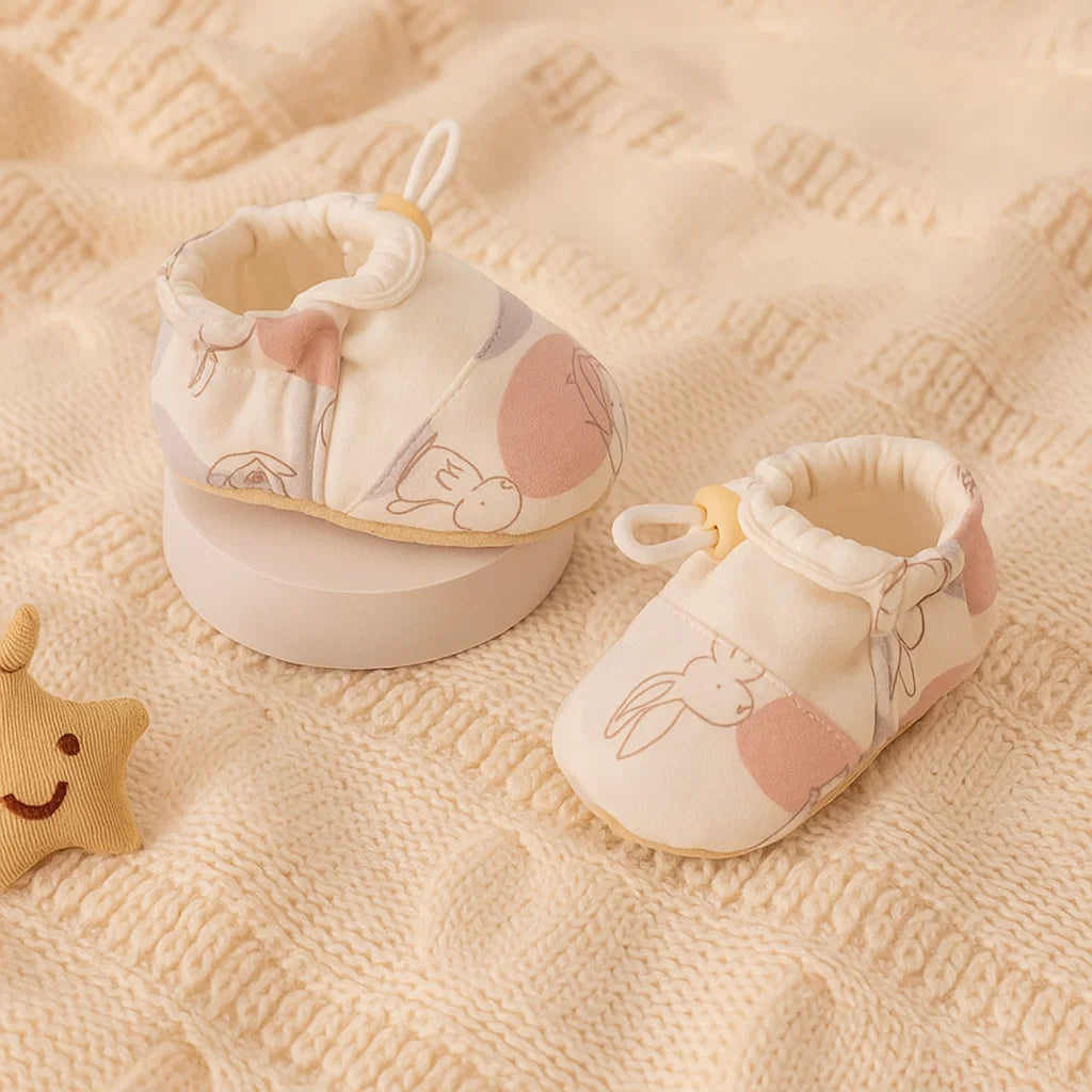 Pink-and-white baby shoes with rabbit outlines and gathered ankle openings
