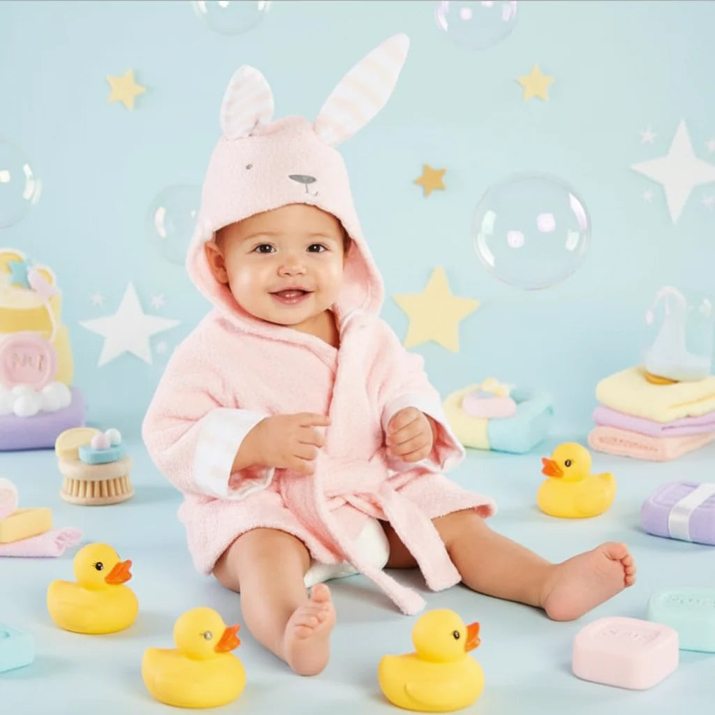 Baby wearing a pink rabbit bathrobe with long ears on the hood and a tied waist