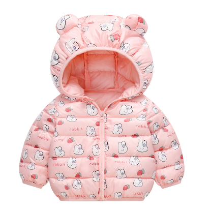 Pink rabbit-print puffer jacket with a rounded bear-ear hood and front zipper