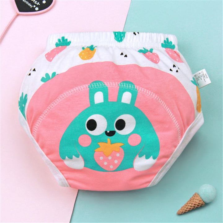 Pink rabbit training pants with carrot-print fabric around the waist