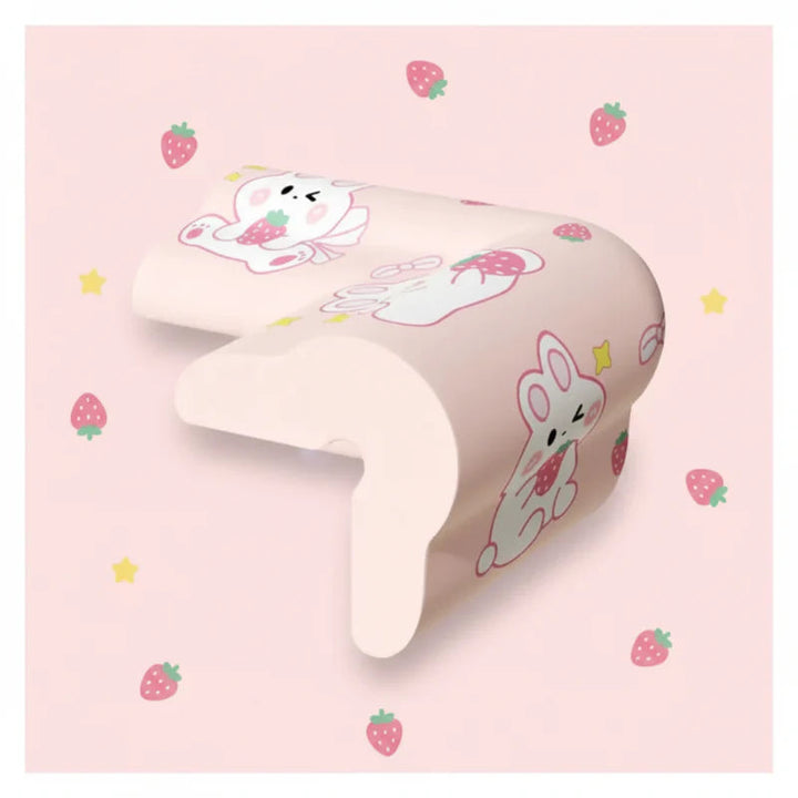 Pink rabbit-print corner cover showing its curved outer surface and L-shaped profile.