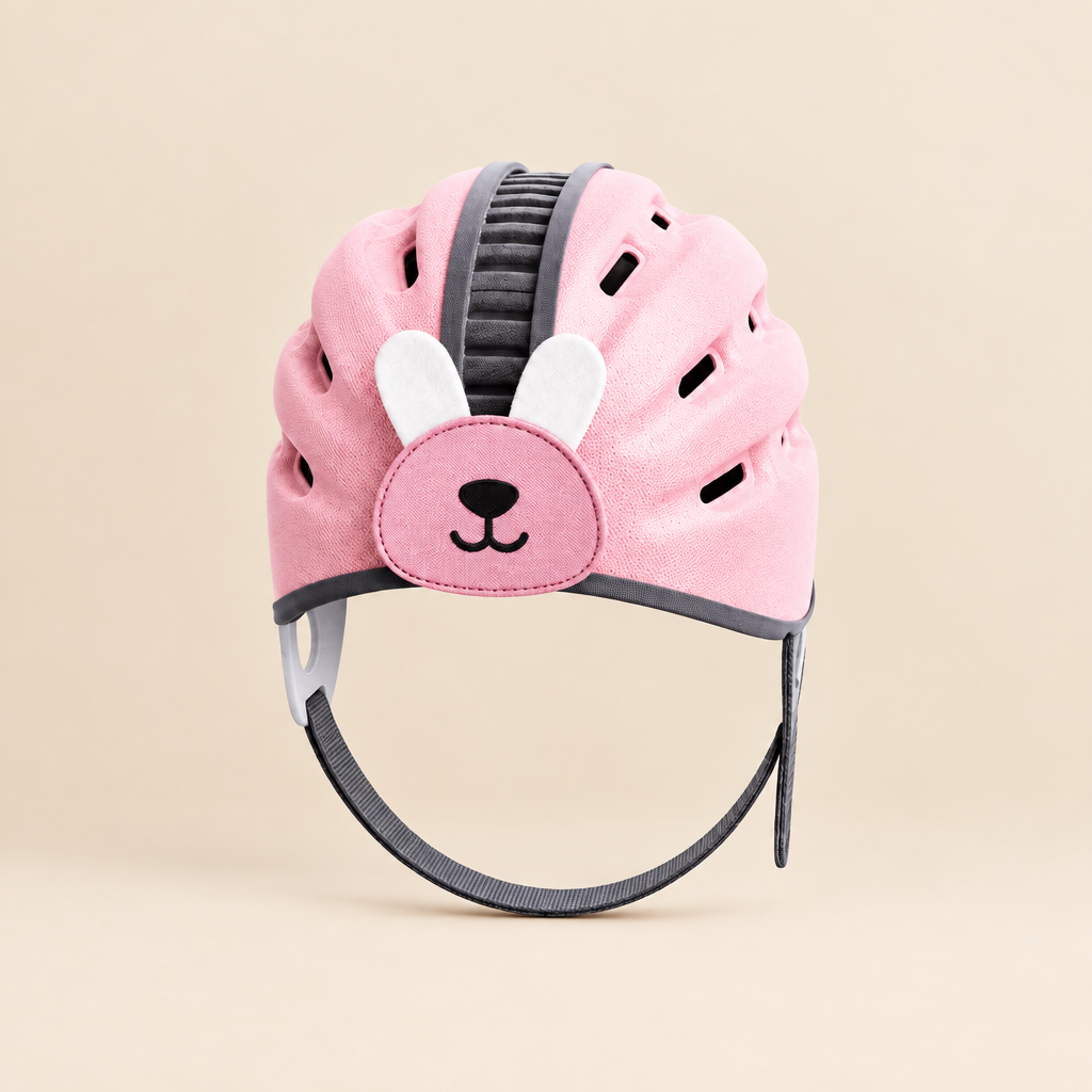 Pink rabbit headguard with long ear details and a chin strap