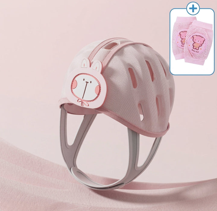 Pink rabbit headguard with two pink sheep knee pads shown in the inset