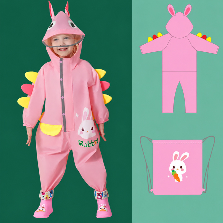 Pink rabbit-print hooded rain suit with a clear brim, colorful back spikes and matching drawstring storage bag