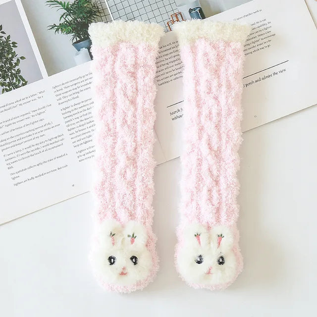 Pink long socks with cream cuffs and white rabbit faces