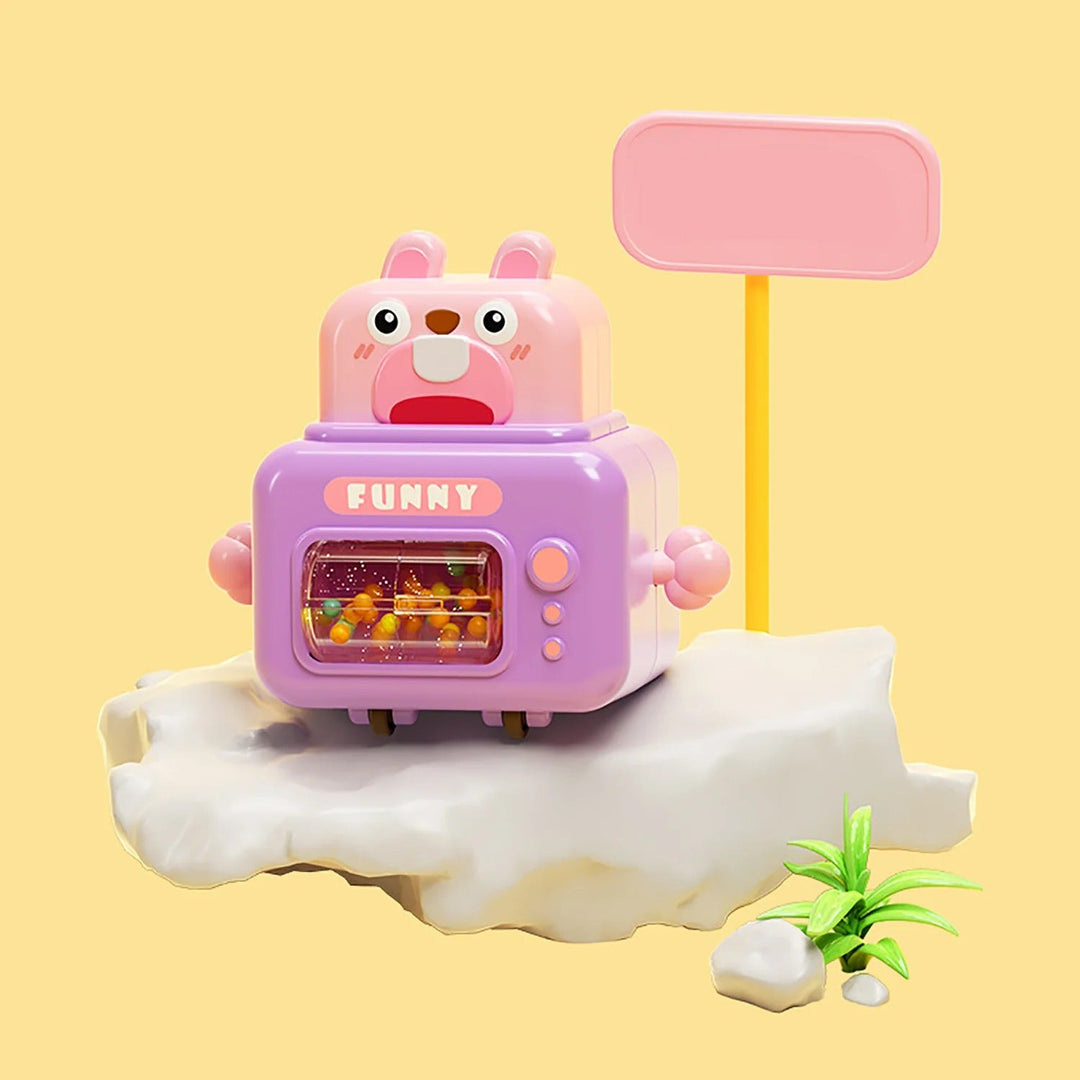 Pink rabbit toy car with a purple body and clear front bead roller