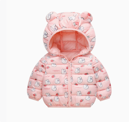 Front view of a pink rabbit-print quilted jacket with a matching pink bear-ear hood