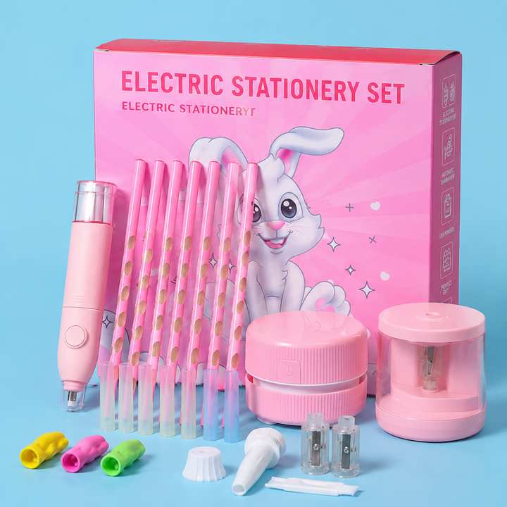 Pink electric stationery set with rabbit-themed box, pencils, pencil grips, and desk accessories