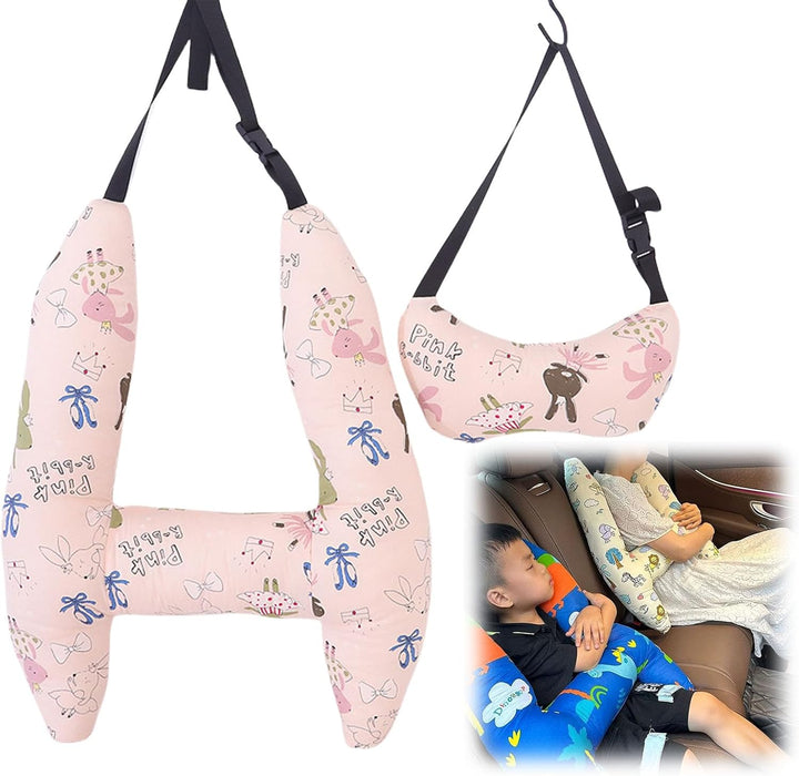 Pink rabbit-print H-shaped pillow and neck pillow with an inset showing the pillows in use