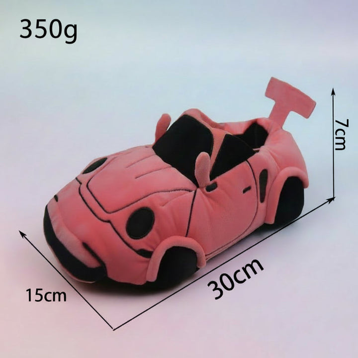 Pink racing car slipper with graphic labels showing 30 x 15 x 7 cm and 350 g