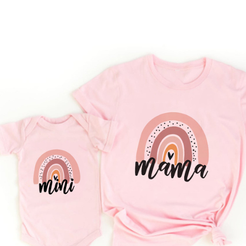 Pink mama T-shirt and mini baby bodysuit with rainbow graphics and black script