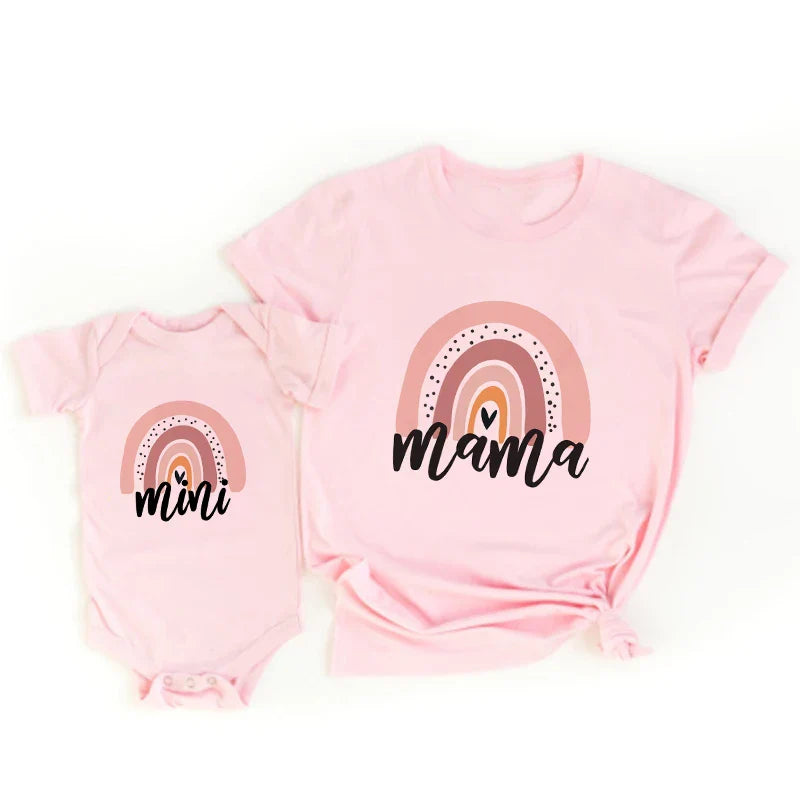 Pink mama T-shirt and mini baby bodysuit with matching muted rainbow prints