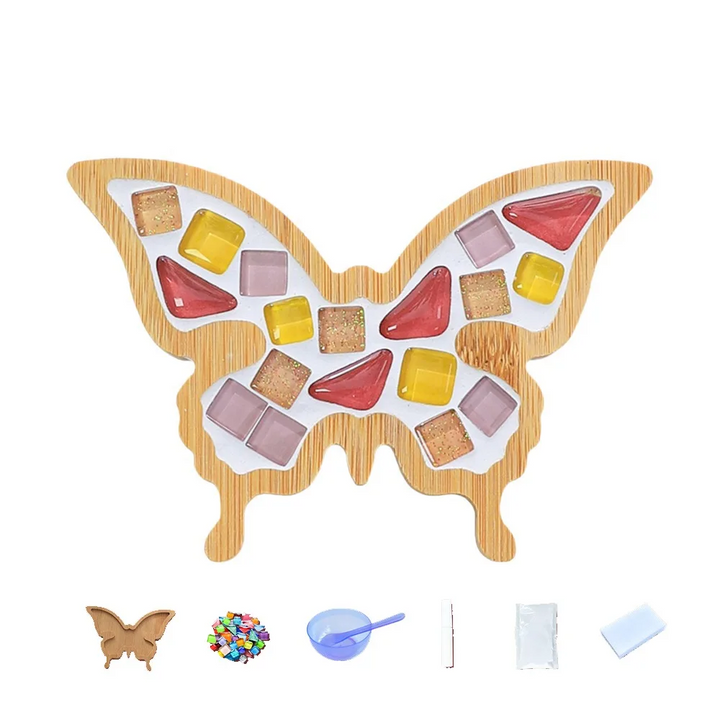 Pink, red and yellow butterfly mosaic coaster with bamboo base and crafting supplies