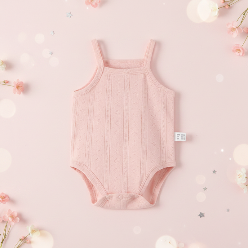 Pink ribbed baby bodysuit laid flat on a floral background