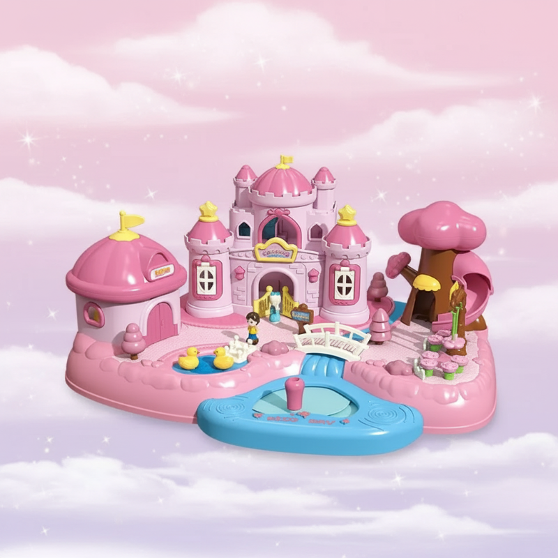 Pink Royal Palace playset with towers, a bridge, tree slide and figure-control area