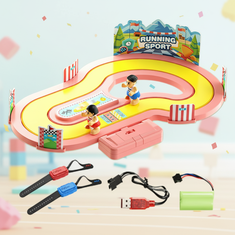 Pink racing set with two runner figures, wearable sensors, a battery, and charging accessories.