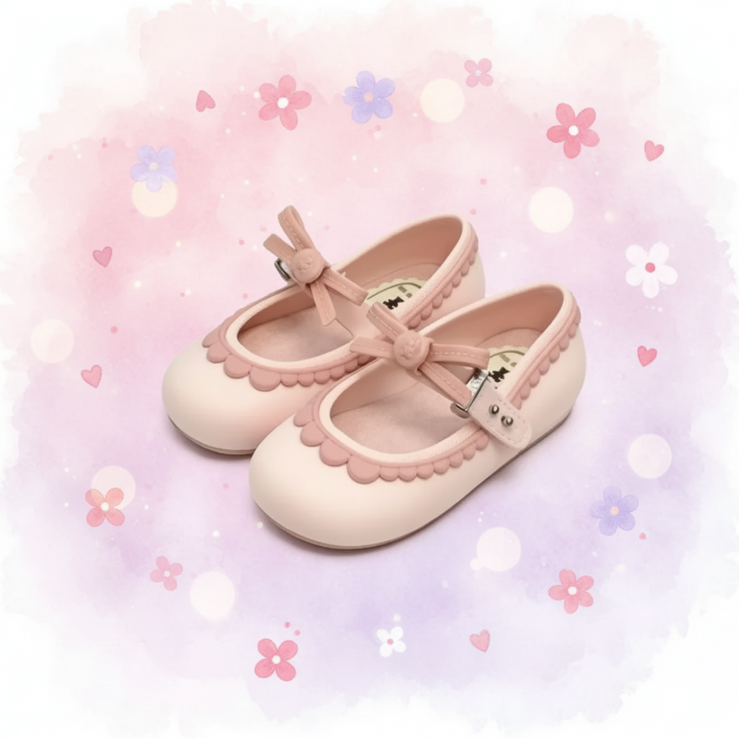 Pink bow Mary Jane shoes with scalloped edging against a pastel floral background