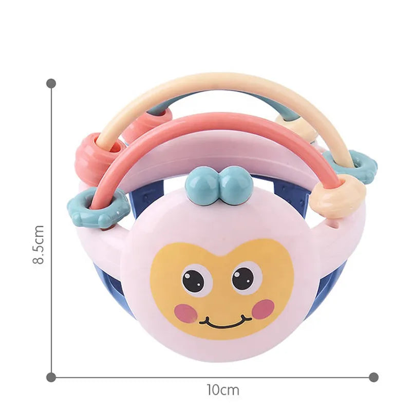 Pink sensory chew toy with pastel arches, shown at 10 cm wide and 8.5 cm tall