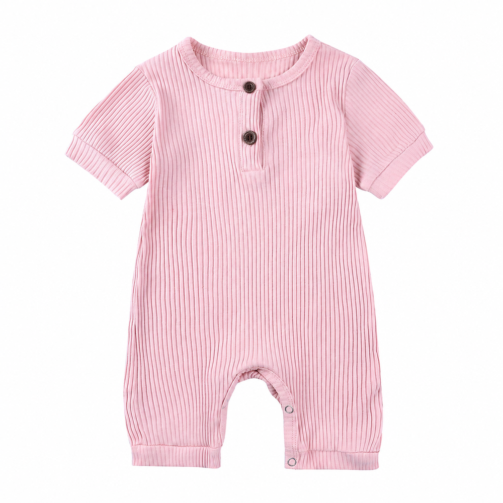Pink ribbed baby romper with short sleeves and a two-button neckline