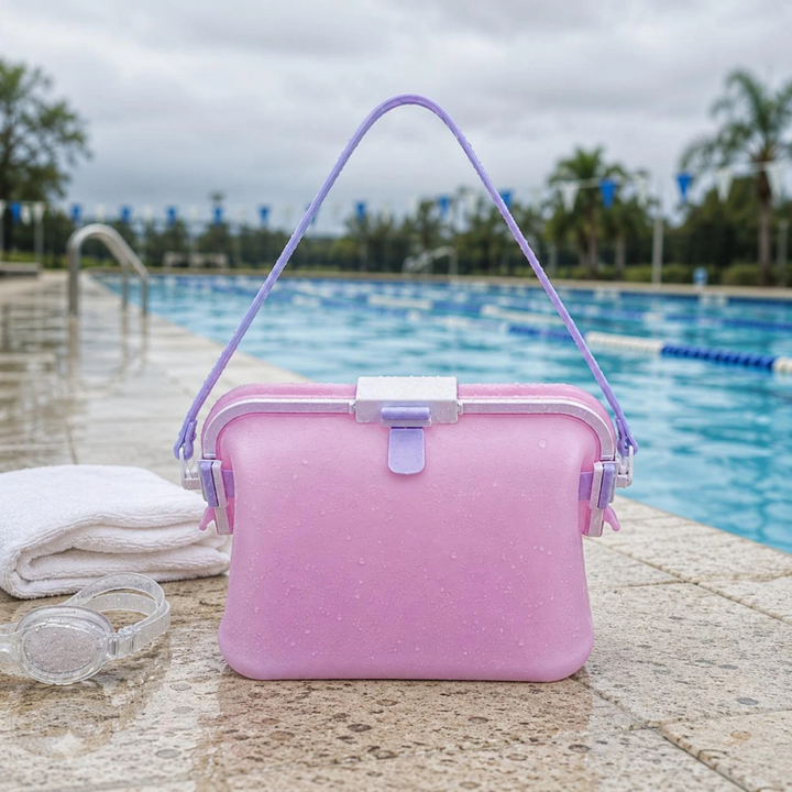 Pink silicone shoulder bag beside a pool with a towel and swimming goggles.