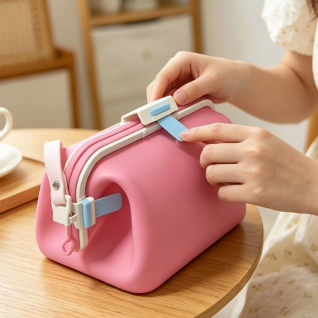 Hands demonstrating the top clasp on a pink silicone shoulder bag.