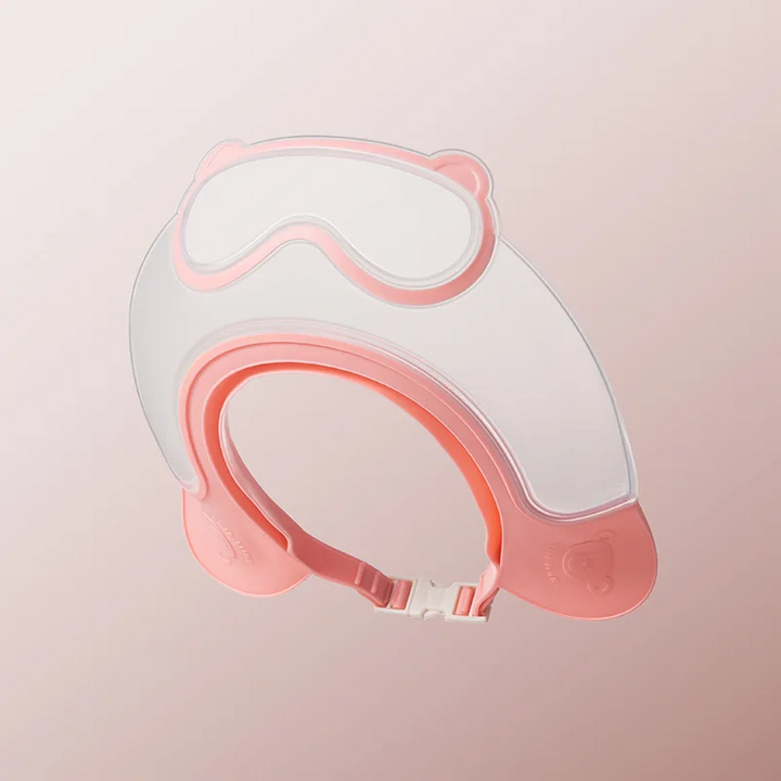 Pink baby shower cap with a clear curved face rim and adjustable buckle strap