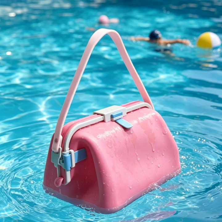 Pink silicone shoulder bag shown in pool water with droplets on its surface.