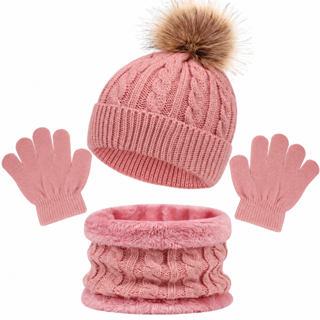 Pink cable-knit winter set with a single-pom-pom hat, loop scarf, and gloves