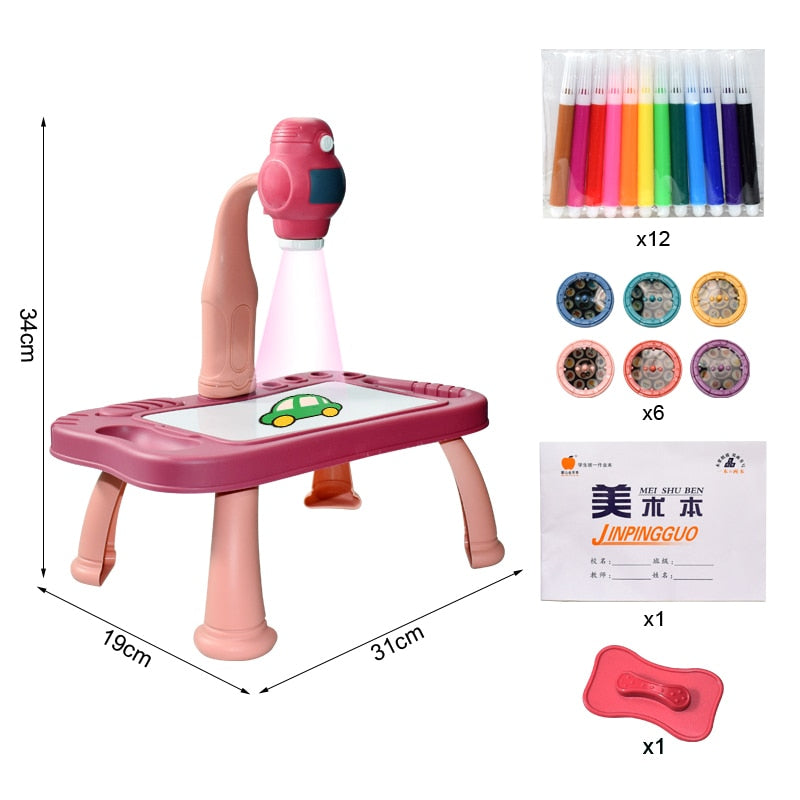 Pink drawing projector with measurements, six picture discs, 12 coloring pens, drawing book and eraser