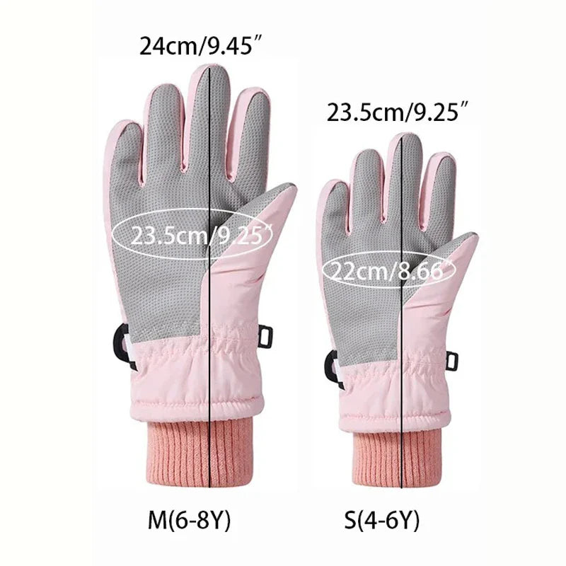 Pink glove size chart for S ages 4-6 and M ages 6-8, with measurements in inches and centimeters.